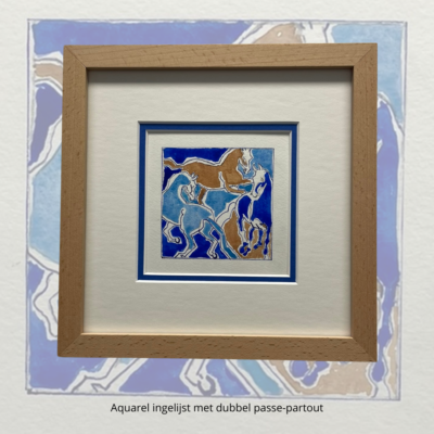 Aquarel met dubbele passe-partout, helder zichtbaar achter ontspiegeld museumglas