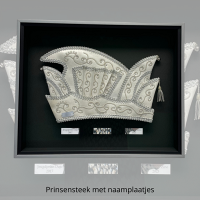 Prinsensteek met naamplaatjes ingelijst
