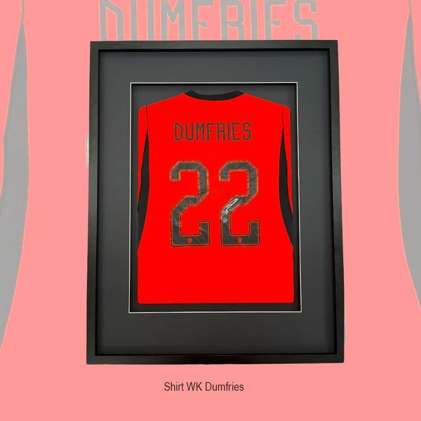 WK-shirt van Dumfries met rugnummer 22 in een zwarte baklijst