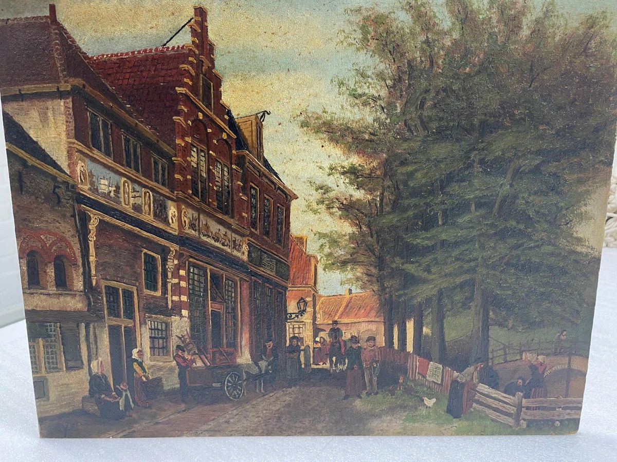 Olieverfschilderij van een oud Hollands straatgezicht, zonder lijst, zoals het in het atelier binnenkwam