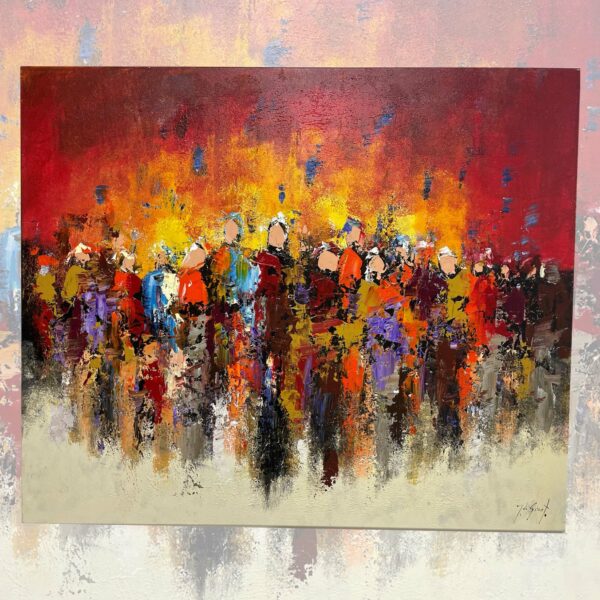 Colour People van Jochem de Graaf, een kleurrijk schilderij van een menigte figuren in warme tinten